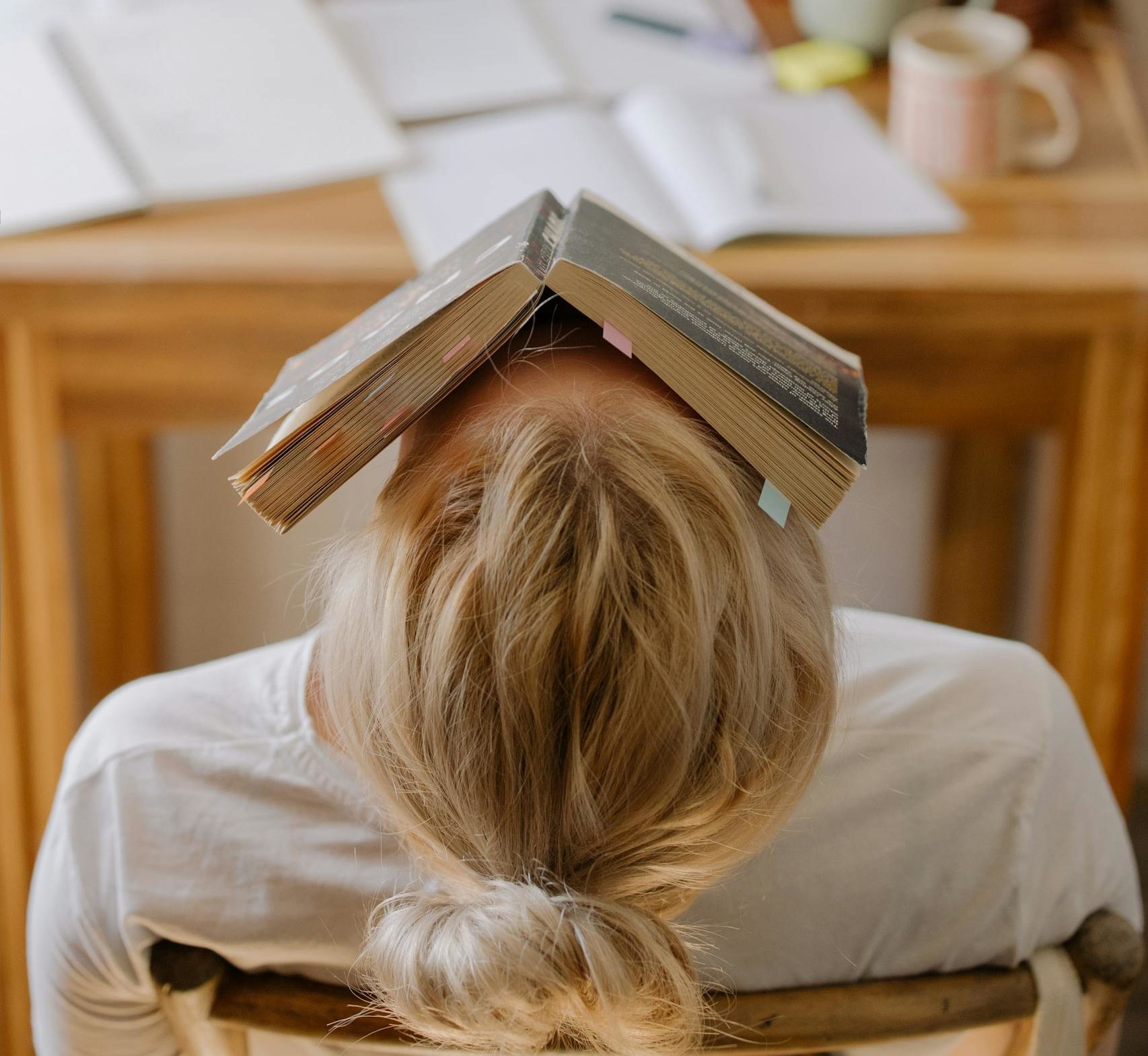 Foto von Frau mit aufgeschlagenem Buch über dem Gesicht